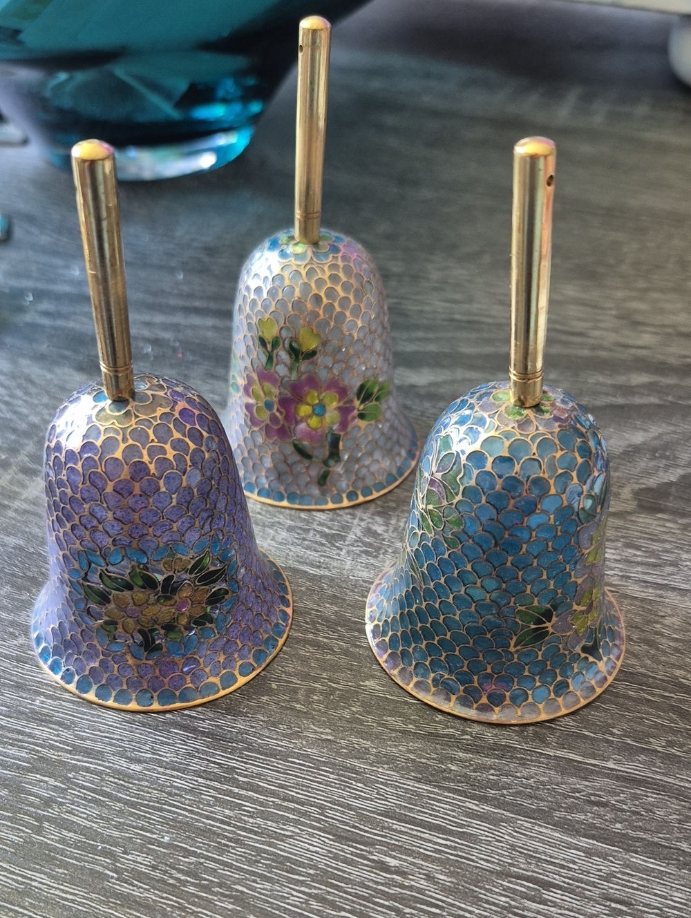 3 Vintage Plique A Jour Cloisonné Floral Decorative Bells Slight Damage